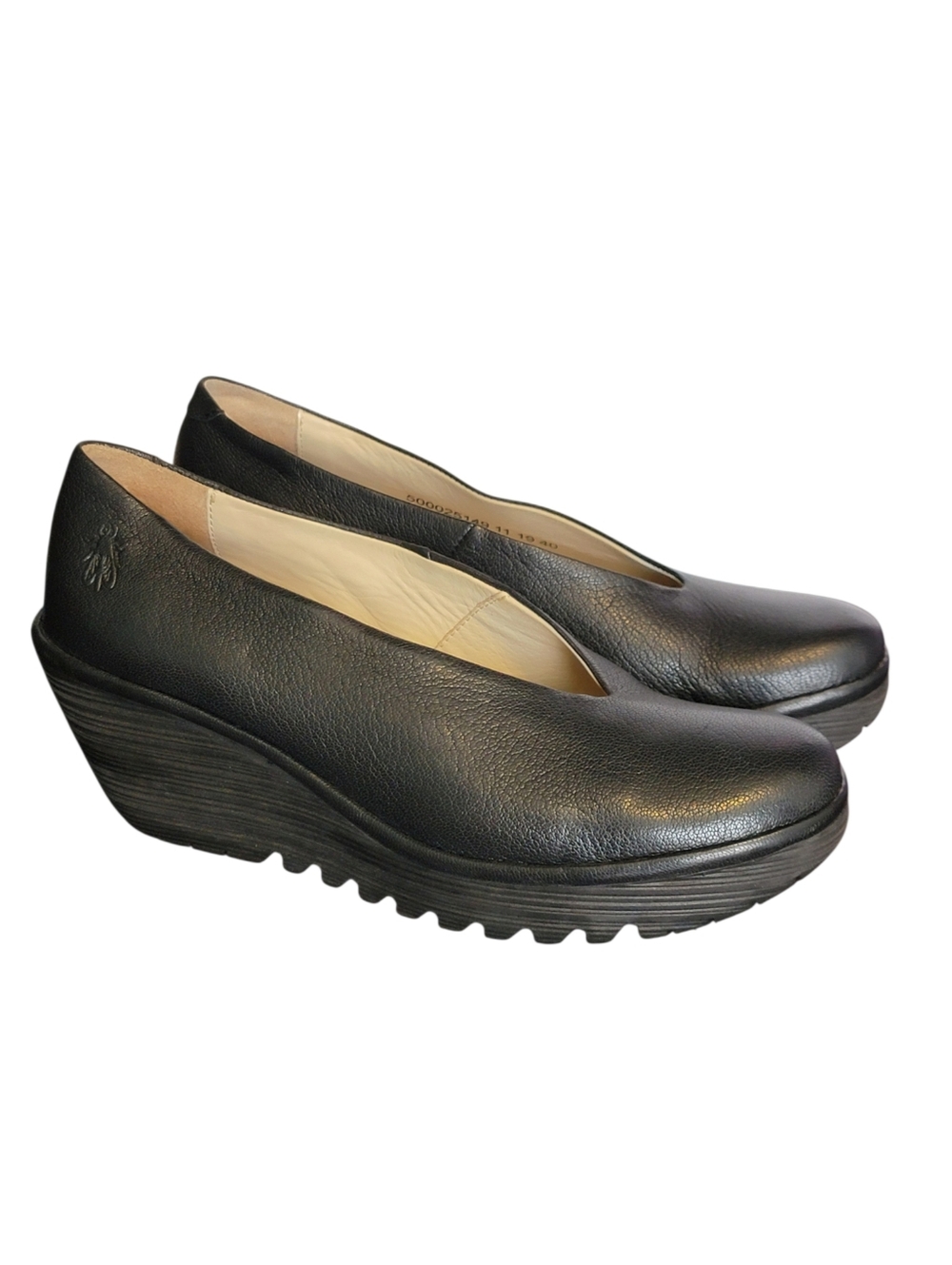 Fly London Yaz Black Mousse Leather Wedge Pumps Shoes Womens 40 US 9-9.5